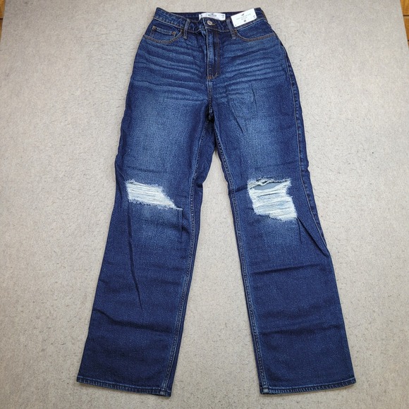Hollister Jeans Curvy Ultra High Rise Dad Womens 3R Dark Blue Distressed NEW - Picture 1 of 16